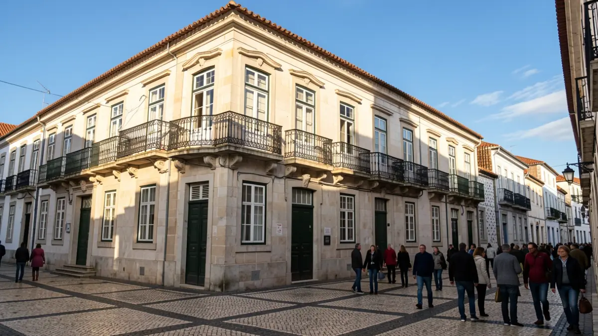 Fachada de um edifício municipal em Sardoal ao entardecer.