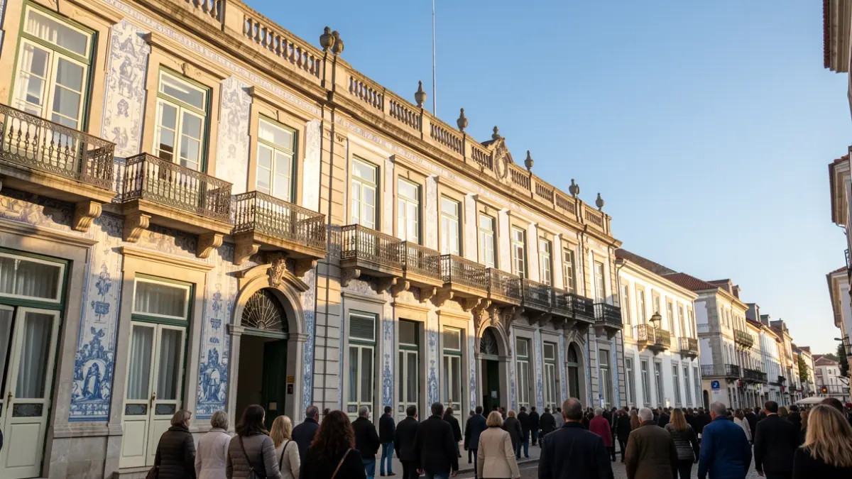 Fachada del edificio del Ayuntamiento de Funchal con balcones ornamentados y azulejos, bajo la cálida luz del sol de la tarde.