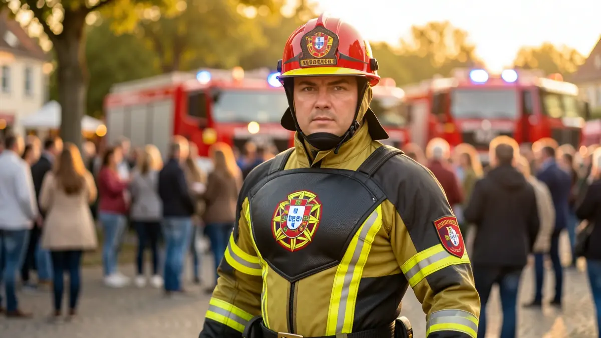 Imagem genérica de um bombeiro com traje de super-herói, em frente a um evento comunitário com pessoas e veículos de emergência.