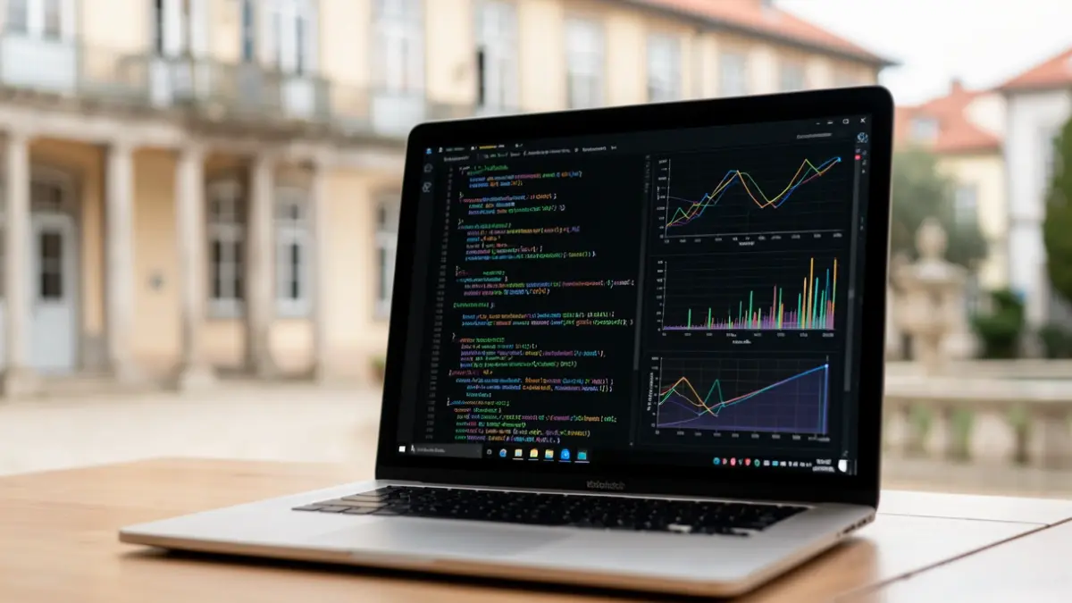Imagen genérica de una pantalla de ordenador con código y visualizaciones de datos, con un edificio universitario desenfocado al fondo.