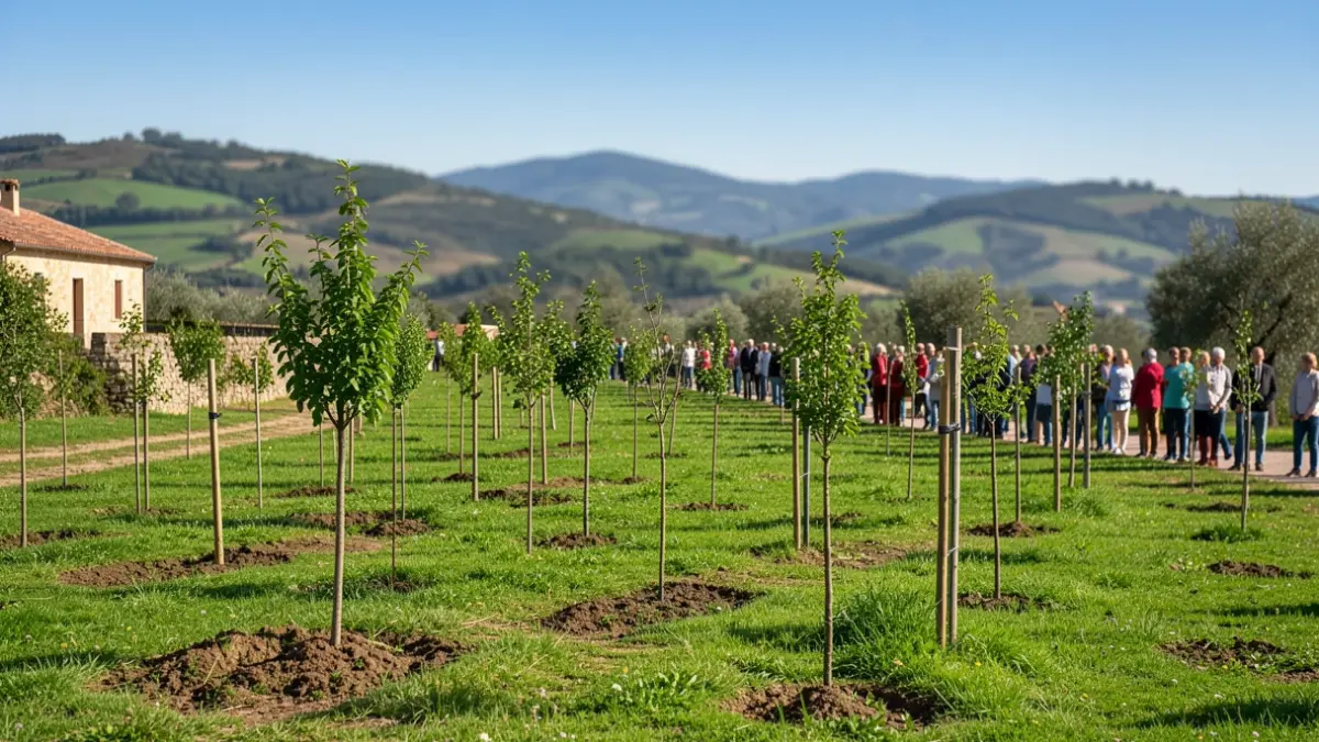 Plantação de árvores autóctones na Quinta da Nogueira, Seia, para criar um auditório natural.