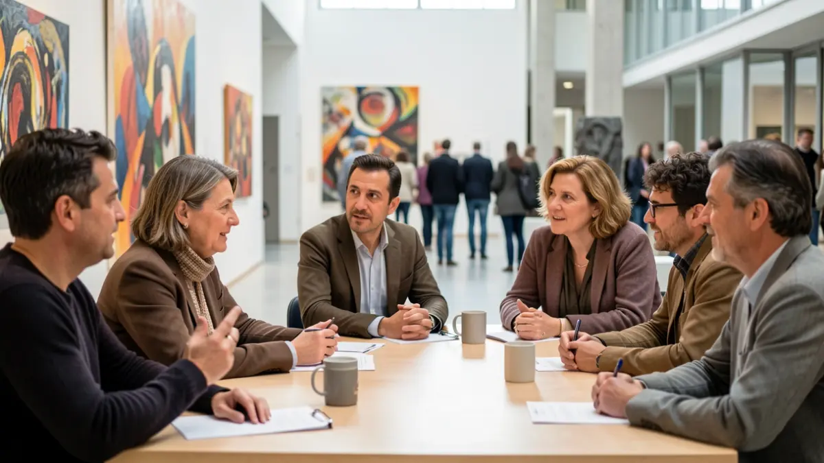 Imagen genérica de un grupo de profesionales de la cultura debatiendo en un centro cultural en Portugal.