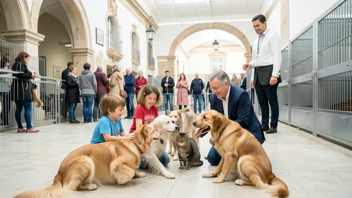 Imagem genérica de crianças a interagir com animais num centro de recolha, com um representante municipal presente.