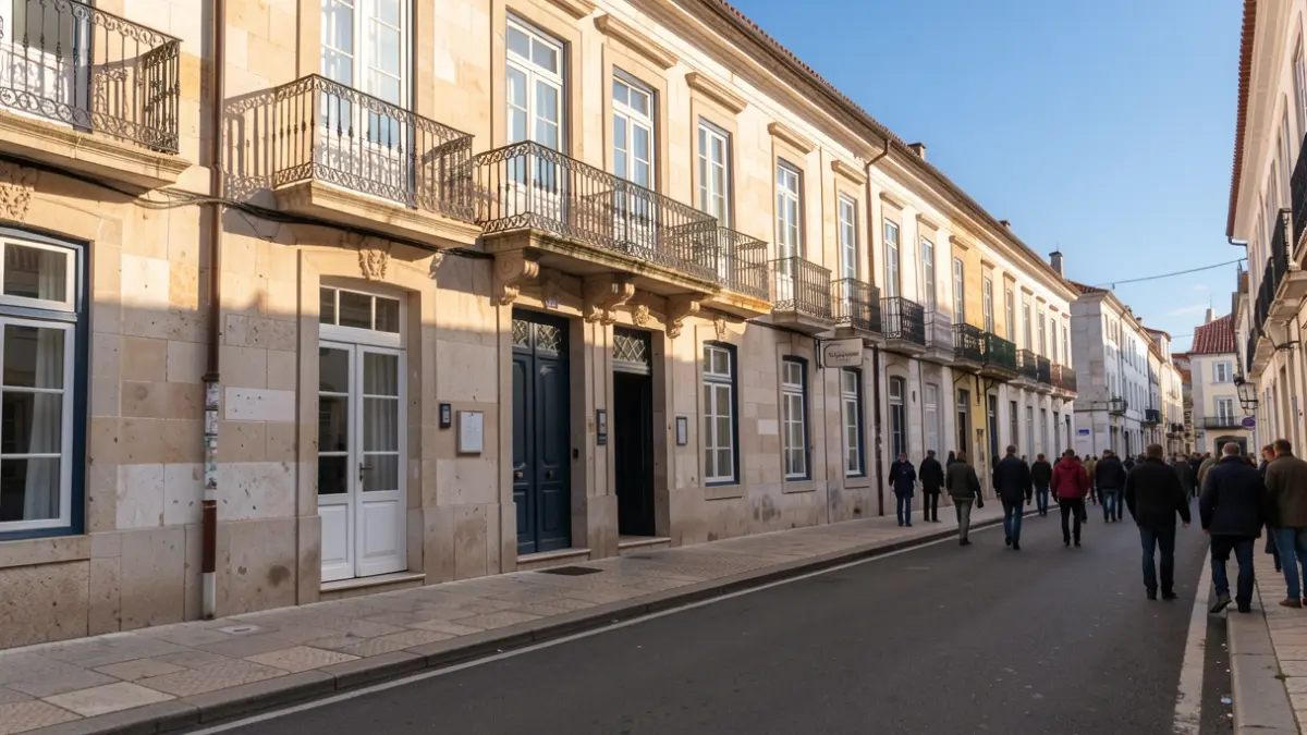 Imagen genérica de un Ayuntamiento portugués con balcón ornamentado y luz solar de tarde.