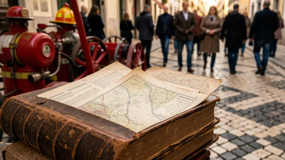 Imagem genérica de um livro antigo com documentos históricos e equipamento de bombeiros desfocado ao fundo, em estilo documental.
