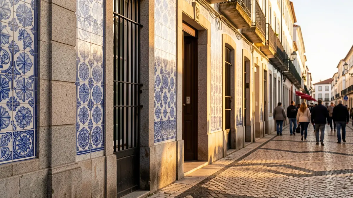 Generic image of a Portuguese municipal building facade with traditional azulejo tiles and granite details, in warm afternoon light.