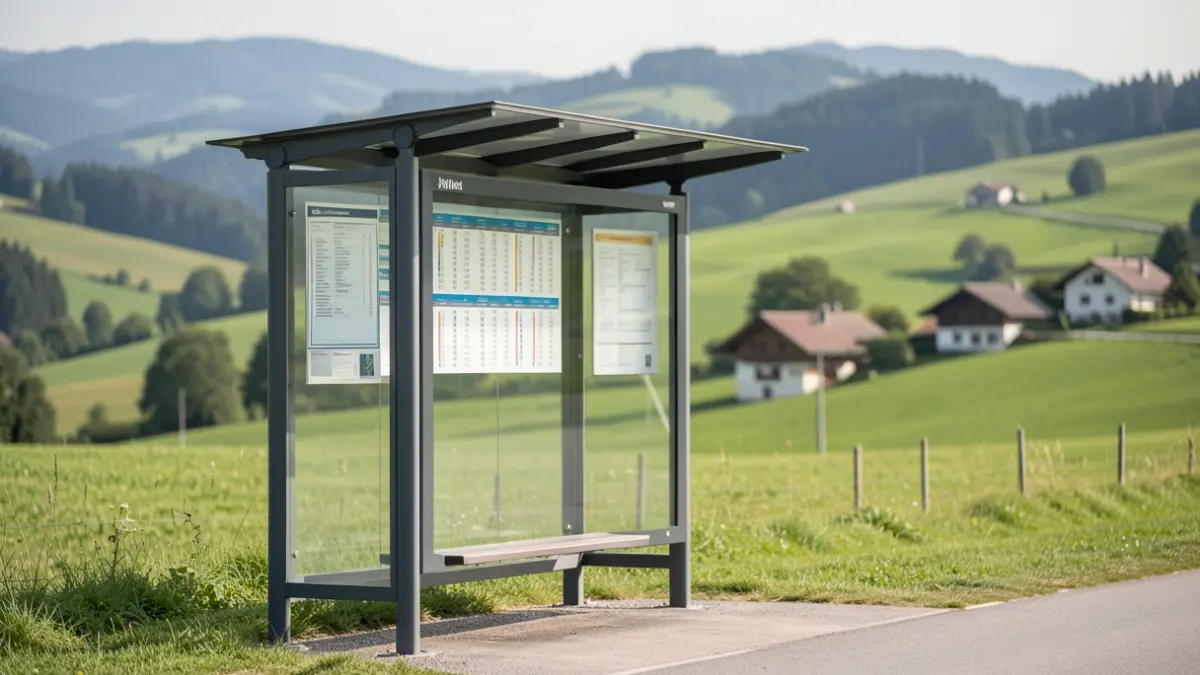 Generic image of a modern bus stop shelter with a visible timetable, surrounded by rural landscape.