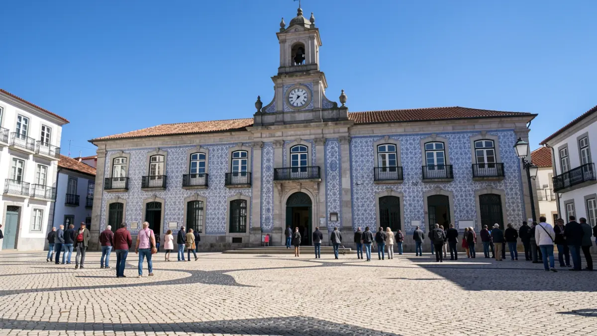 Fachada de um edifício municipal português com azulejos e torre do relógio, sob céu azul. Calçada portuguesa em primeiro plano.
