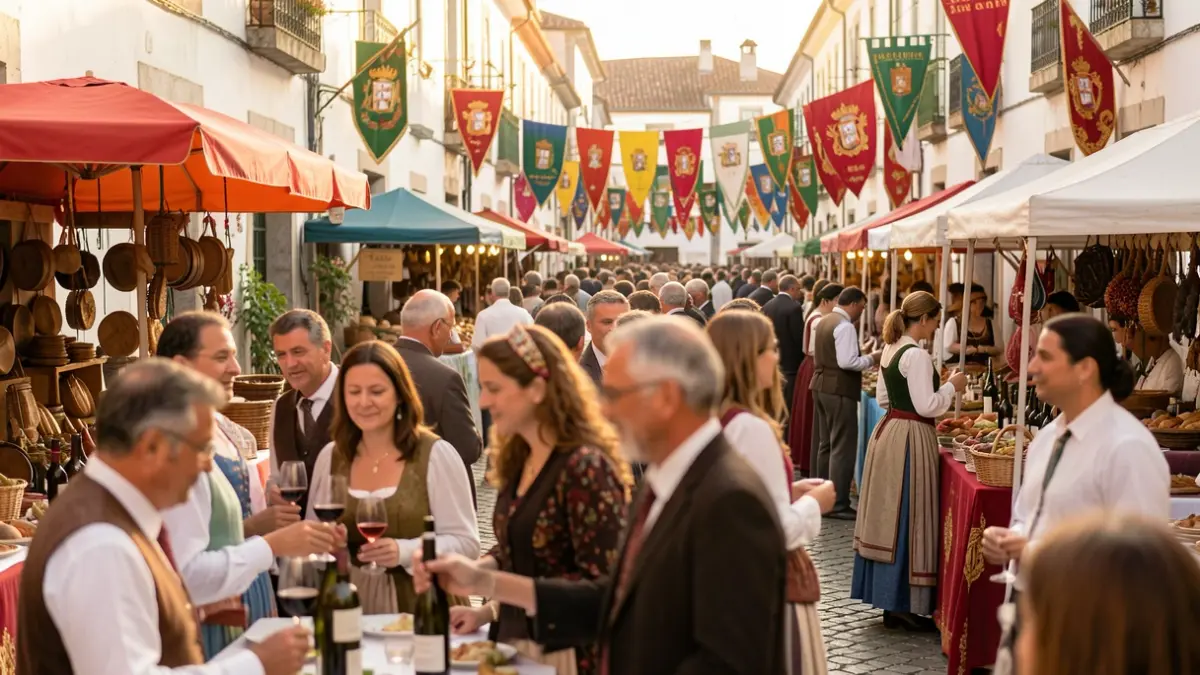 Generic image of a popular Portuguese festival with craft stalls and wine tasting.