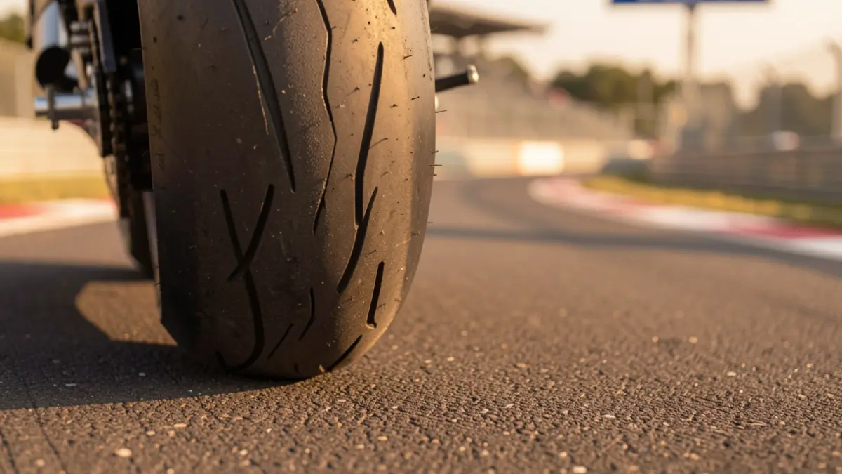 Neumático de moto de competición sobre asfalto, con pista desenfocada al fondo.