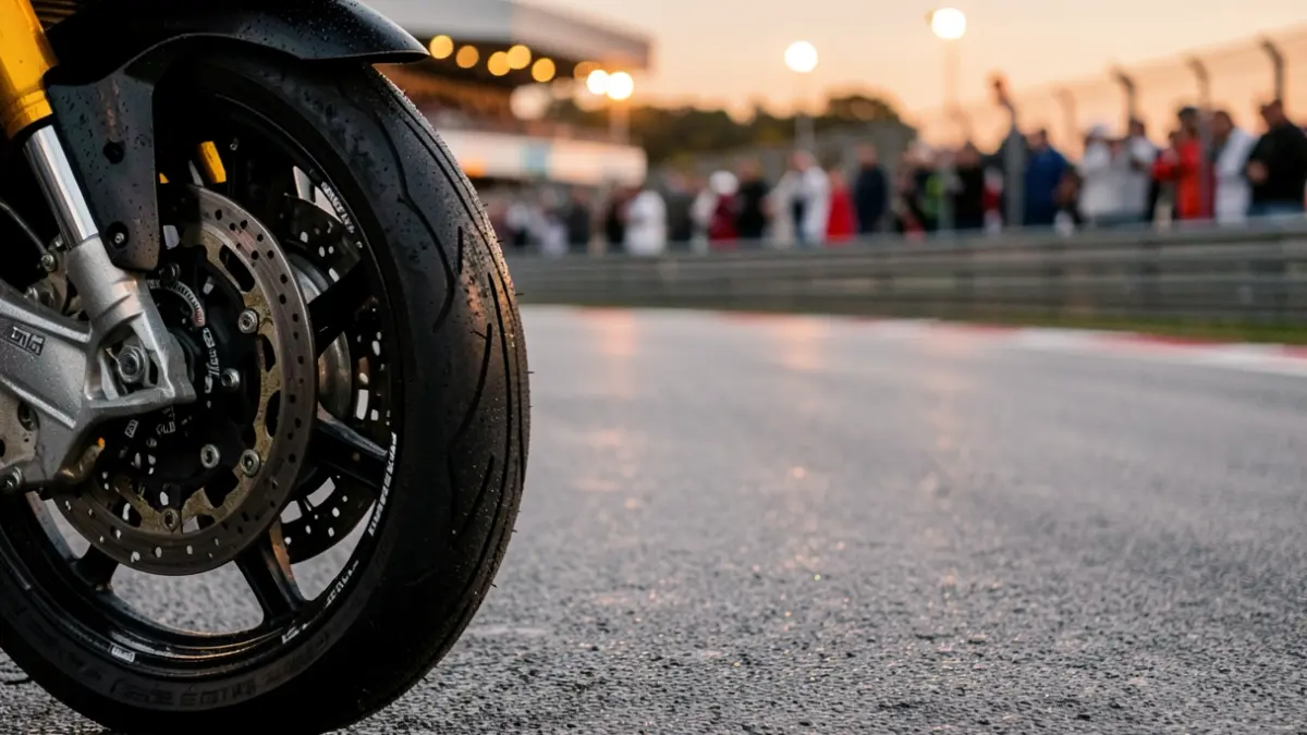Motorcycle tire on a wet track at the Estoril Circuit, with evening lights.