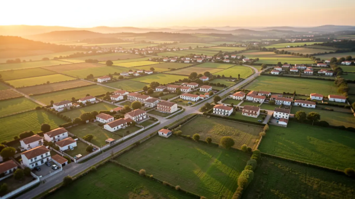 Imagem genérica de um município português com edifícios rústicos e urbanos, campos verdes e estradas, ao pôr do sol.