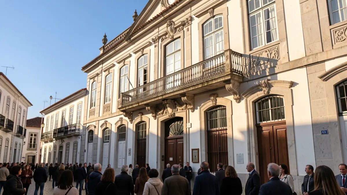 Imagem genérica da fachada de um edifício municipal português com detalhes ornamentados.