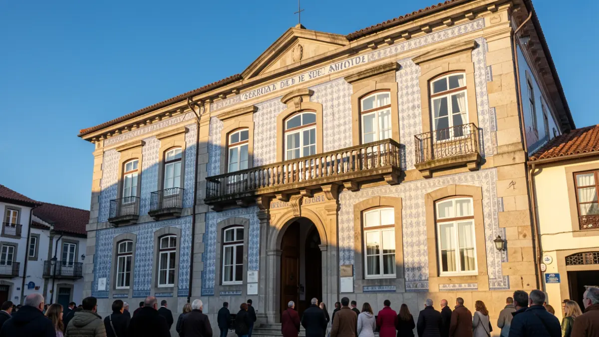 Fachada do edifício da Câmara Municipal de Carrazeda de Ansiães com azulejos e varanda de pedra ao sol.