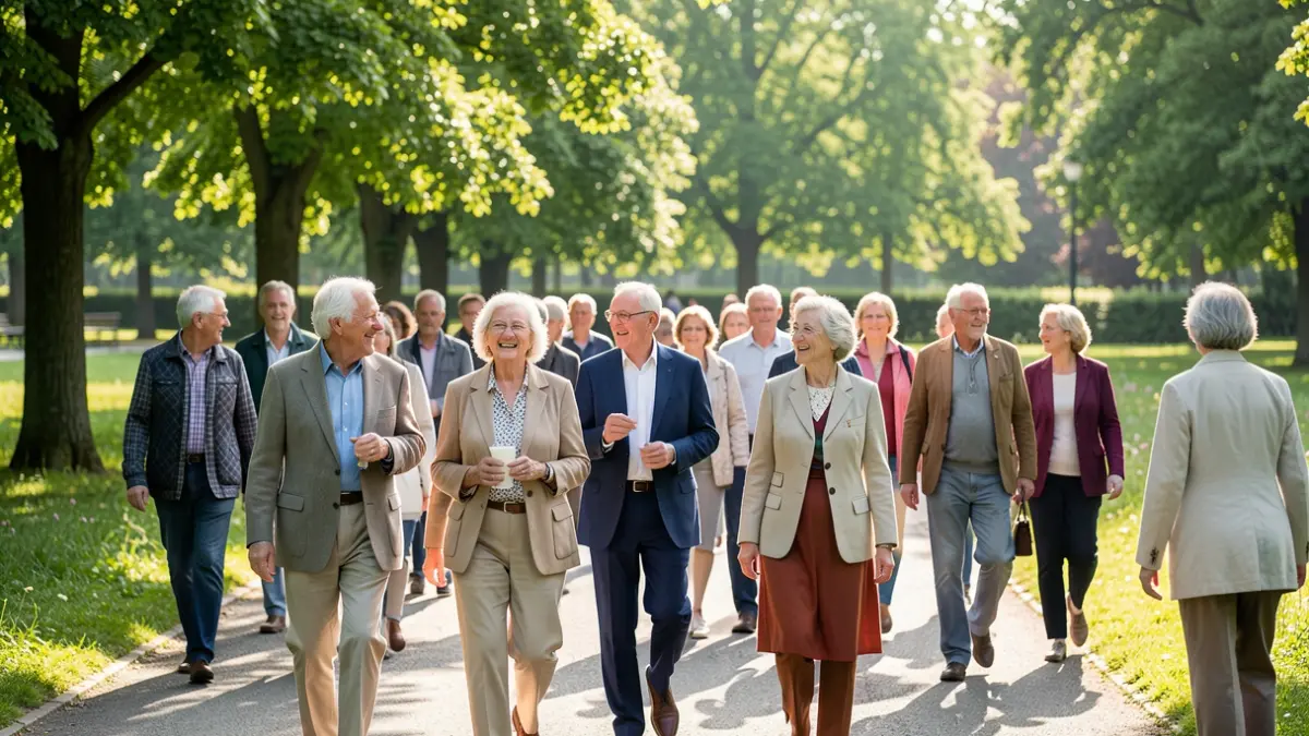 Generic image of elderly people walking in a park, promoting active and healthy aging.