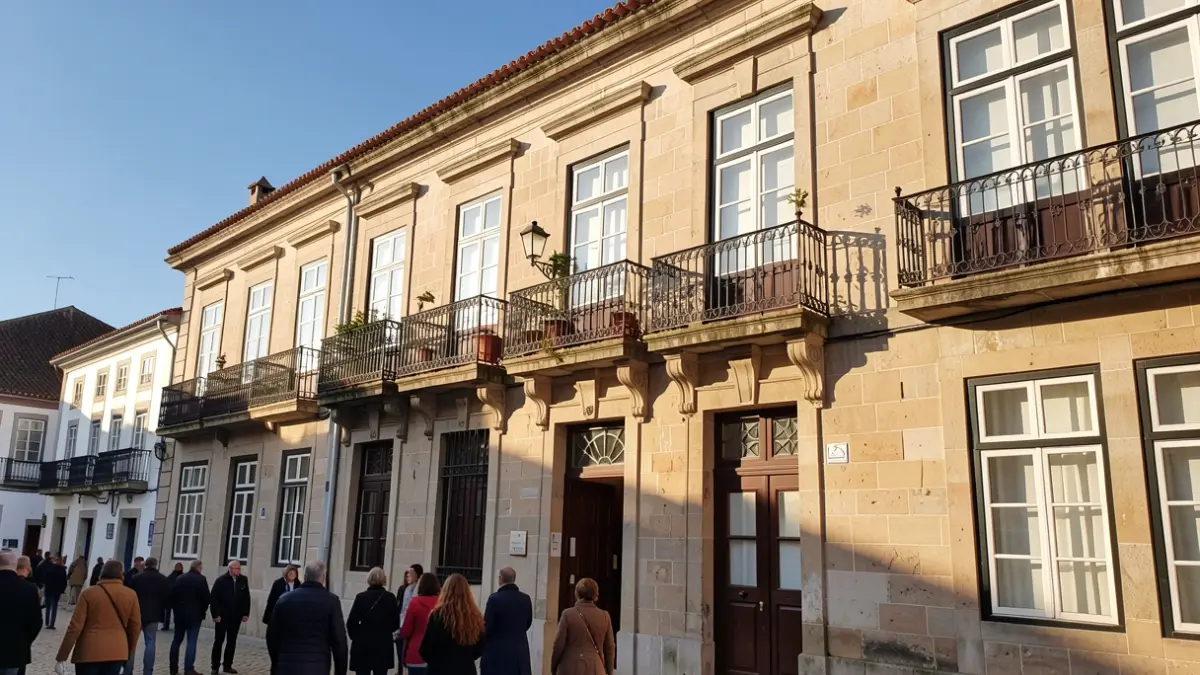 Fachada de um edifício municipal em Góis, Portugal, com detalhes arquitetónicos tradicionais e luz solar.