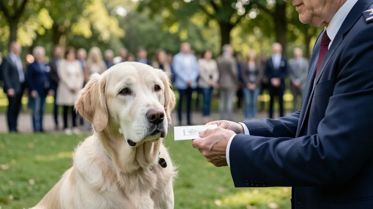 Imagen genérica de un perro mayor siendo homenajeado por un representante de una junta de freguesia en un parque.