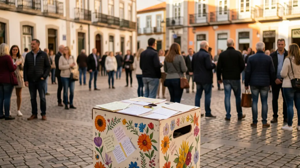 Generic image of a box for collecting thoughts in a Portuguese public space, with ambient light.