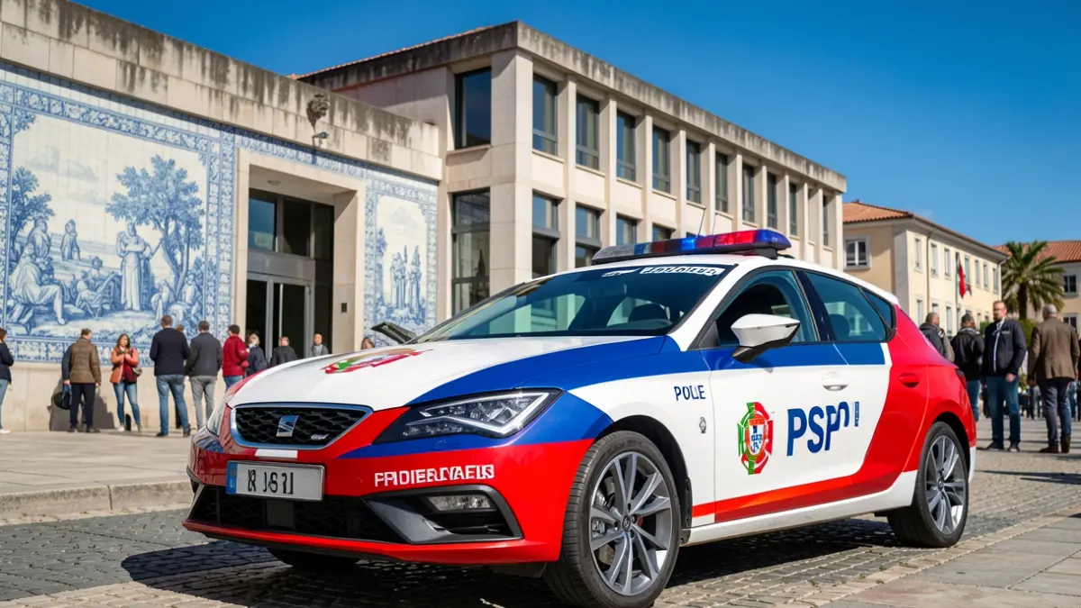 Vehículo de la PSP con nueva imagen estacionado frente al Ayuntamiento de Amadora.