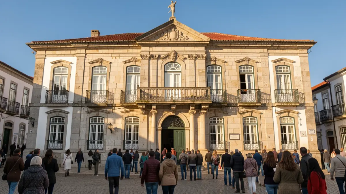 Generic image of the facade of a Portuguese municipal building at dusk.