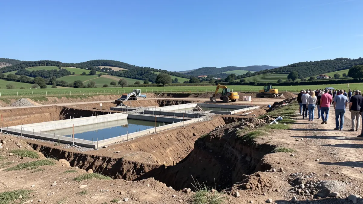 Imagem genérica de obras de construção de reservatórios de água em paisagem rural portuguesa.