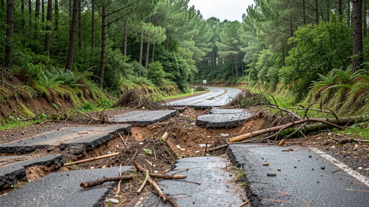 Imagem genérica de um caminho florestal danificado em Portugal após intempéries.