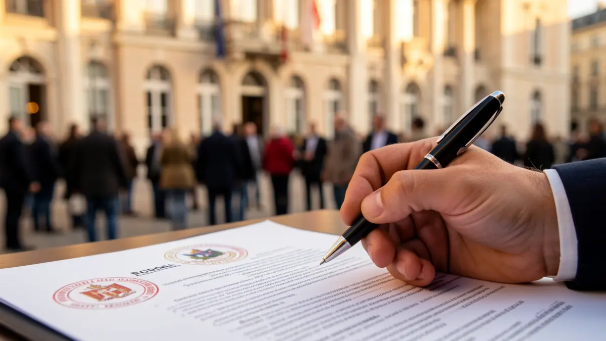 Imagem genérica de uma mão a segurar uma caneta sobre um documento oficial com selos, com a fachada de um edifício oficial desfocada ao fundo.