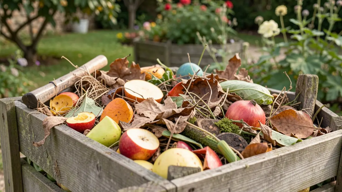Imagen genérica de un compostador doméstico con residuos orgánicos, como cáscaras de fruta y hojas secas, en un entorno de jardín.