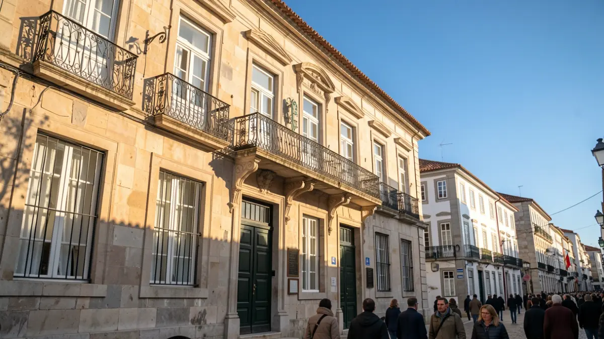 Imagem genérica da fachada de um edifício municipal português com varanda ornamentada, sob luz solar de tarde.