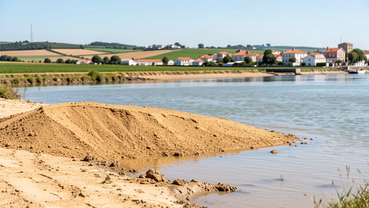 Imagem genérica de uma foz de rio obstruída por areia, com campos agrícolas e uma vila costeira portuguesa ao fundo.