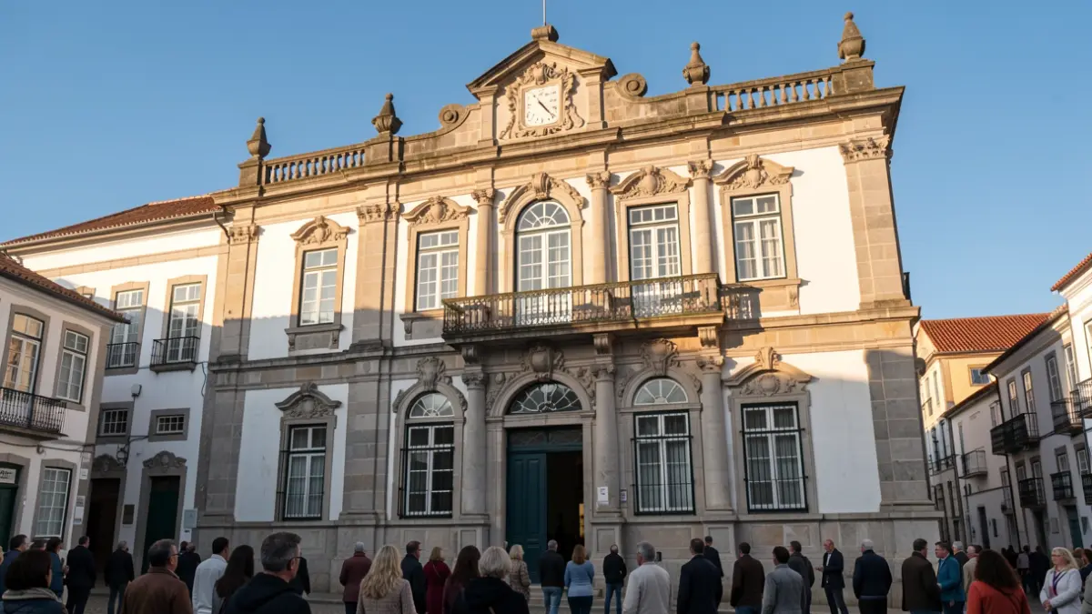 Facade of a Portuguese town hall with stone details and a balcony, under afternoon sunlight.