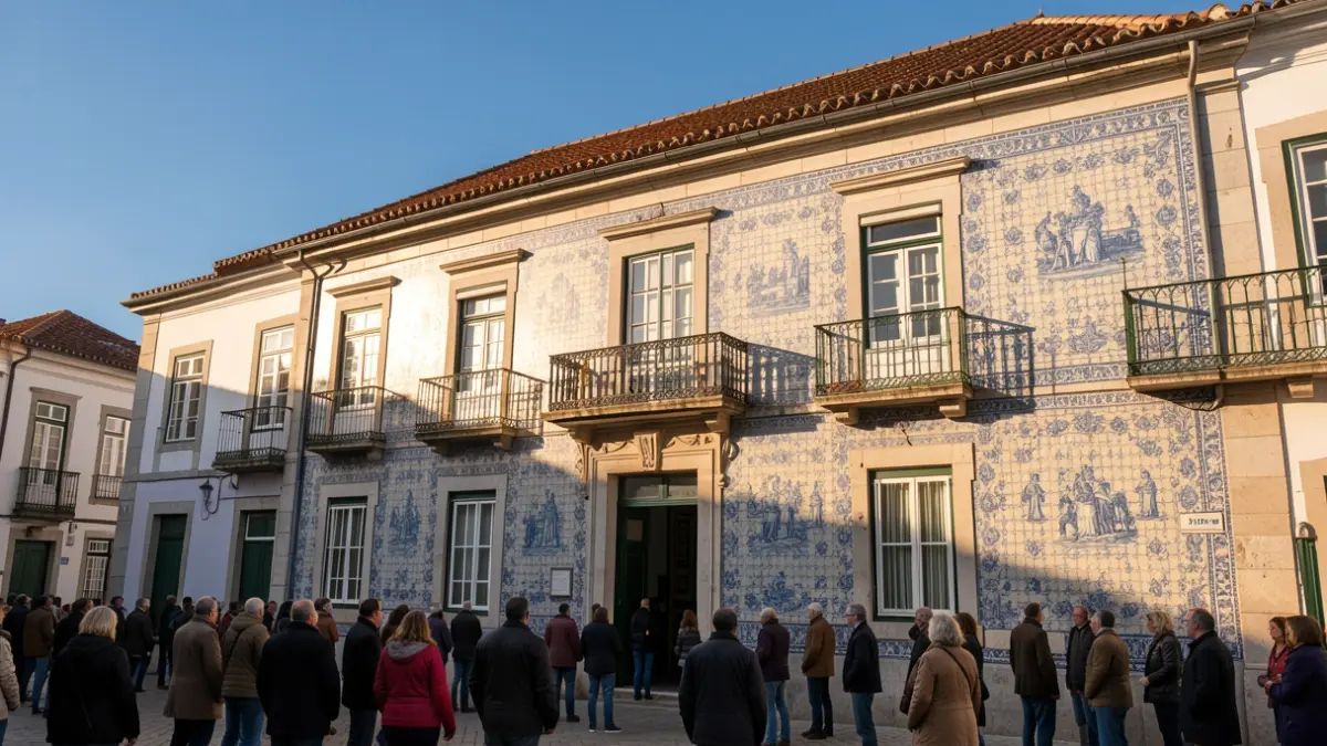 Imagen genérica de la fachada de un ayuntamiento portugués con azulejos tradicionales y balcón, bajo la luz solar de la tarde.
