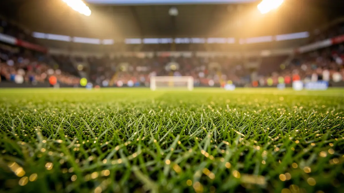 Imagen genérica de un campo de fútbol sintético con césped verde vibrante y luces de estadio al fondo.