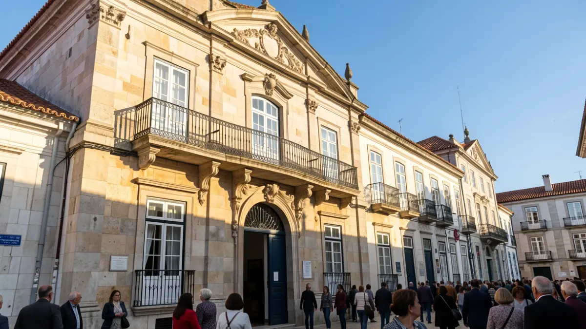 Imagen genérica de una fachada de Ayuntamiento portugués con balcón ornamentado, bajo la luz solar de la tarde.
