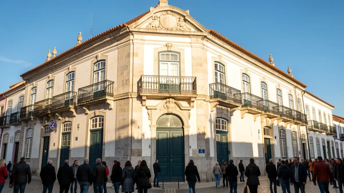 Generic image of a Portuguese municipal building facade with ornate balconies, under late afternoon sunlight.