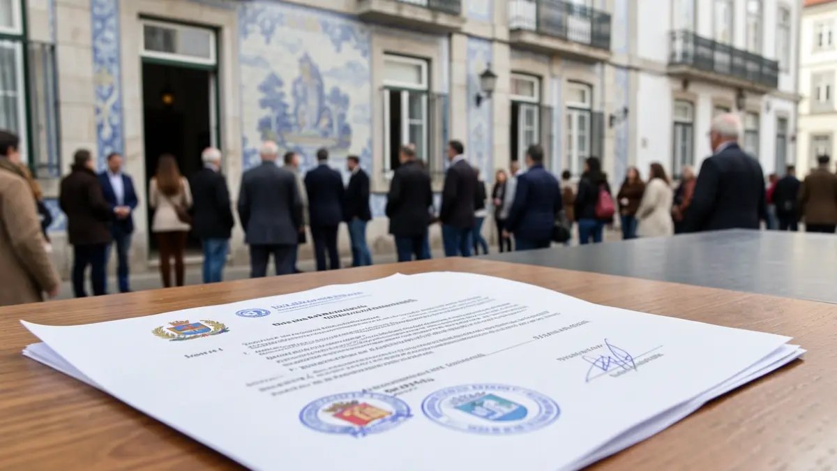 Imagen genérica de un documento oficial con sellos y timbres, sobre un escritorio de madera. Al fondo, la fachada de un edificio municipal con elementos arquitectónicos portugueses.