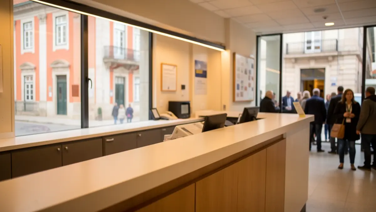 Generic image of the interior of a municipal service counter in Portugal, focusing on the service area with welcoming lighting.