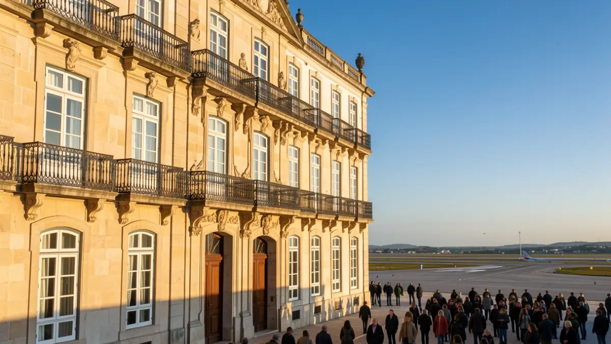 Fachada de um edifício municipal em Braga com elementos de aeródromo ao fundo, sob luz solar de fim de tarde.