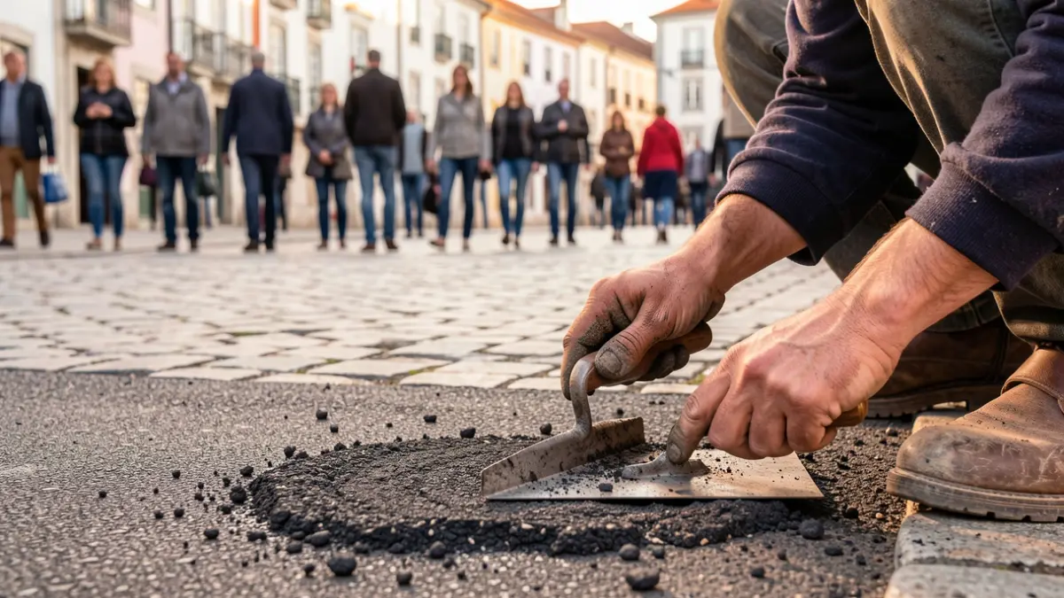 Generic image of hands repairing asphalt on a street with Portuguese cobblestones in the background, in the afternoon light.