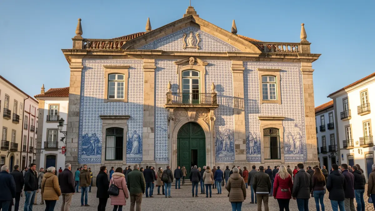 Imagem genérica da fachada de um edifício municipal português com azulejos tradicionais.