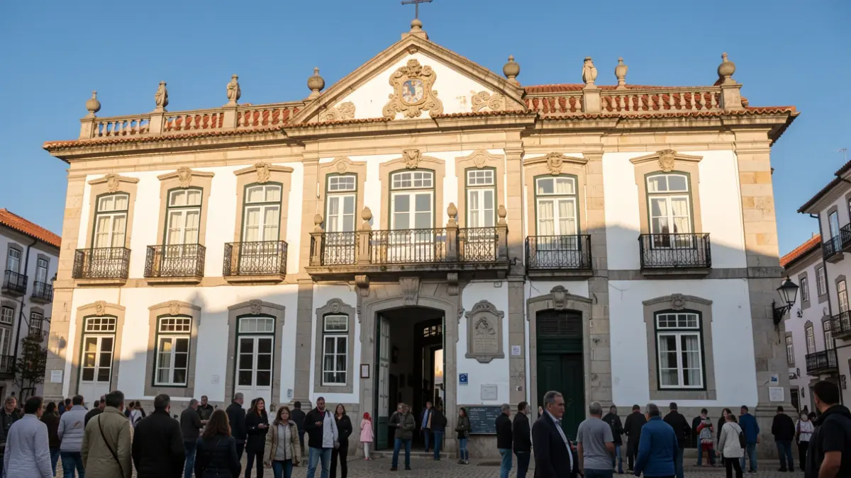 Generic image of a Portuguese town hall facade with ornate balconies, under afternoon sunlight.