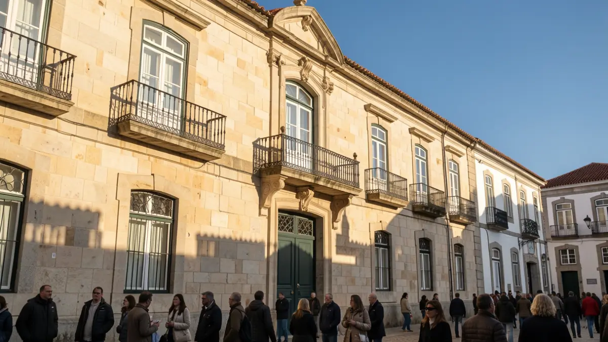 Imagem genérica da fachada de um edifício municipal português em pedra, com varanda ornamentada e céu azul.