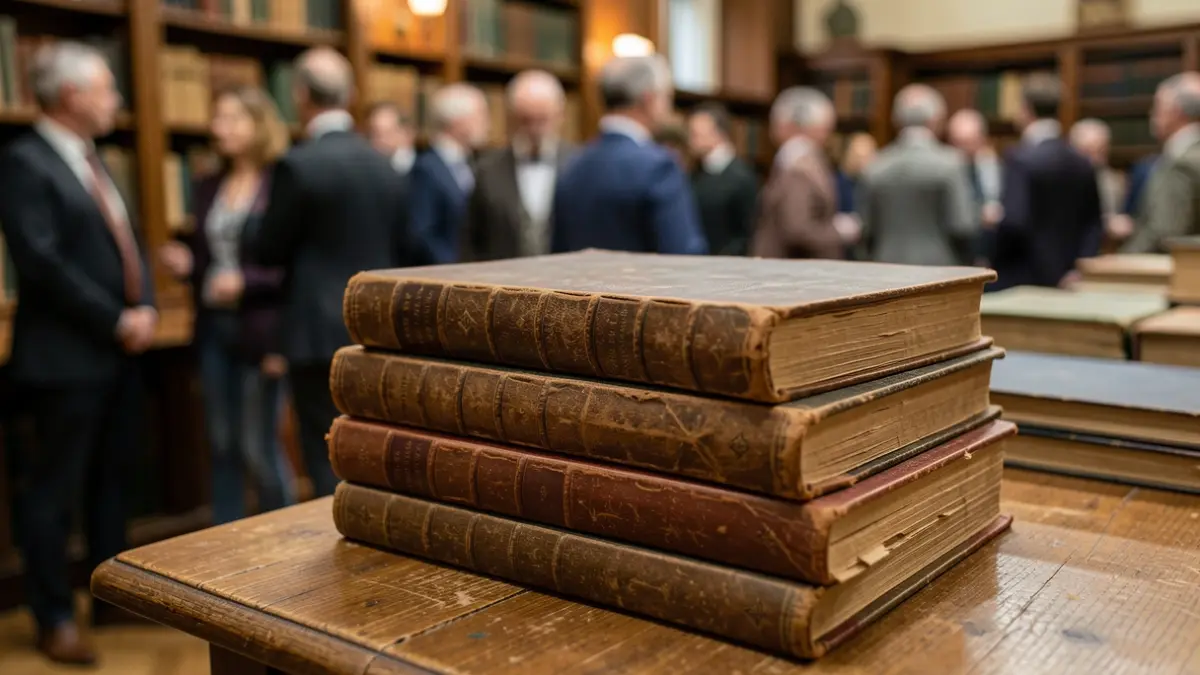 Imagem genérica de livros antigos encadernados em couro, empilhados numa mesa de madeira, com iluminação suave.