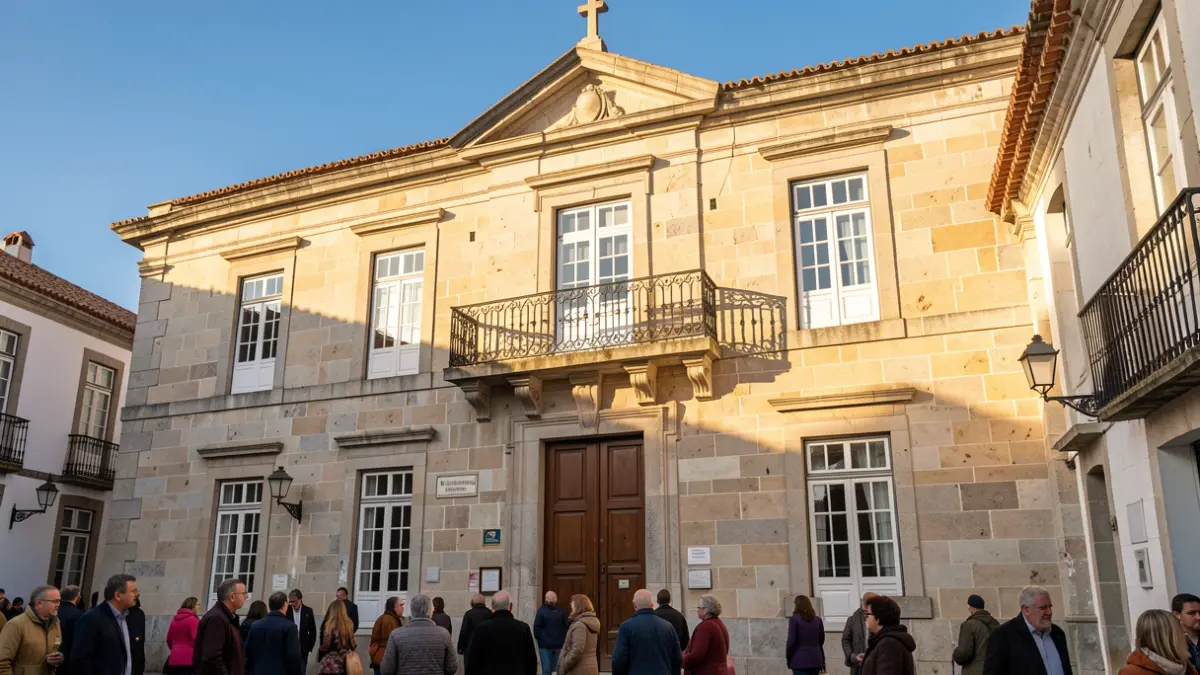 Imagen genérica de la fachada de un edificio municipal portugués con arquitectura tradicional de piedra y balcón ornamentado, bajo la luz solar del atardecer.