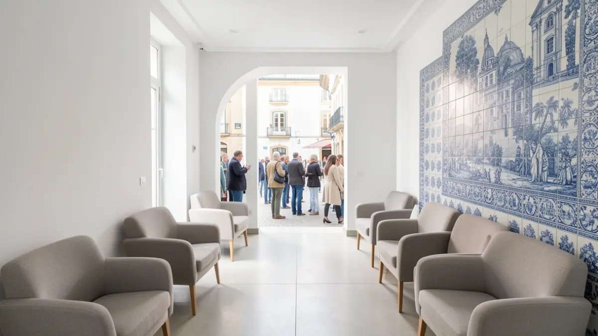 Imagem genérica de uma sala de espera de centro de saúde em Portugal, com mobiliário moderno e elementos arquitetónicos subtis.