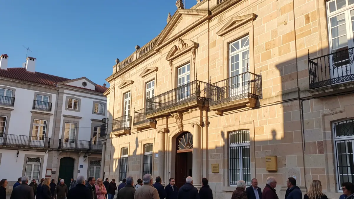 Facade of the Évora City Hall with ornate balcony and iron railings, warm afternoon sunlight casting shadows on the sandstone walls, blue sky, documentary photography style, Portuguese architecture.