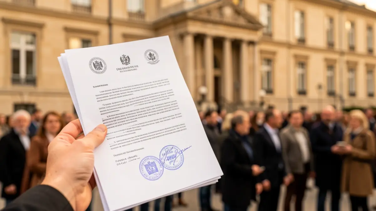 Imagem genérica de um documento oficial com selos, em foco, com um edifício institucional desfocado ao fundo.
