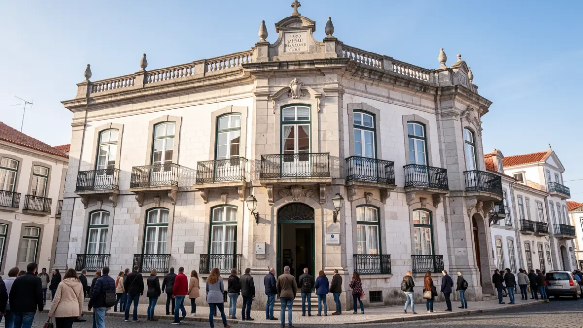 Fachada do edifício da Câmara Municipal de Faro, arquitetura tradicional portuguesa com varandas ornamentadas.