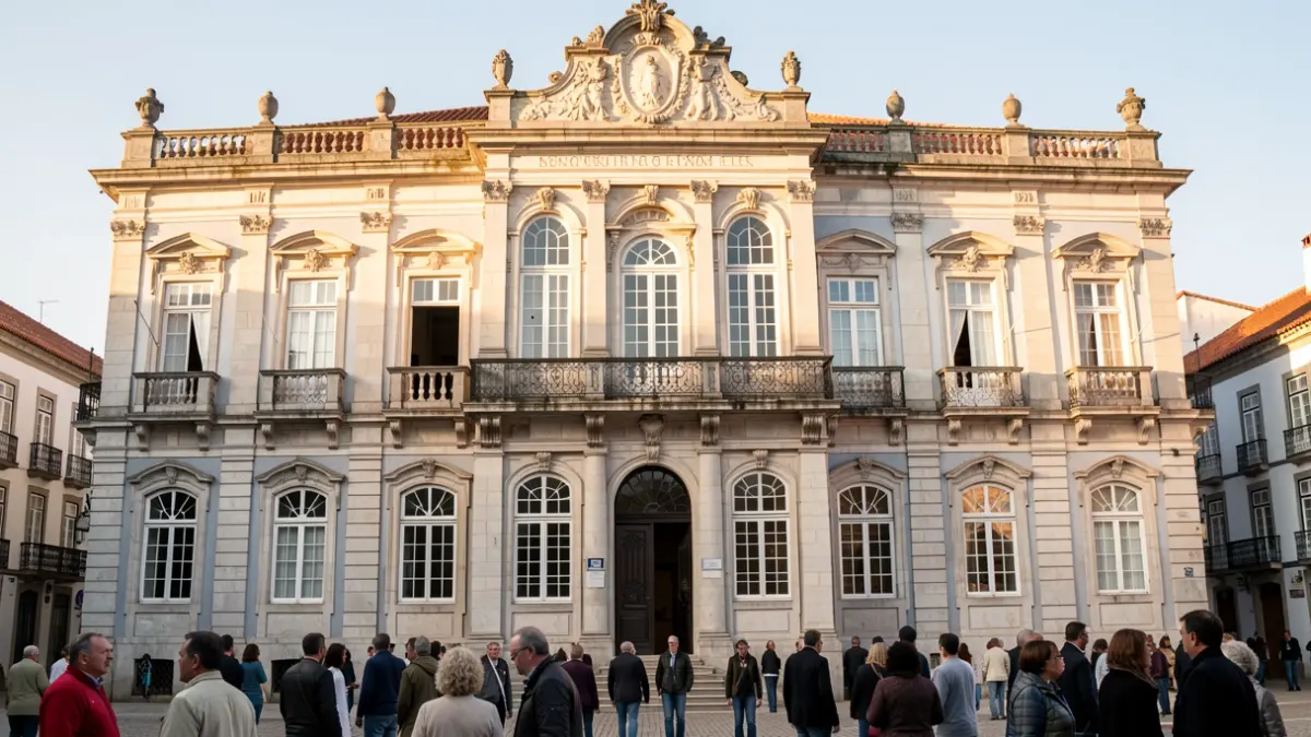 Fachada de um edifício histórico do século XIX em Gondomar, Portugal, com detalhes arquitetónicos ornamentados, sob a luz do sol da tarde.