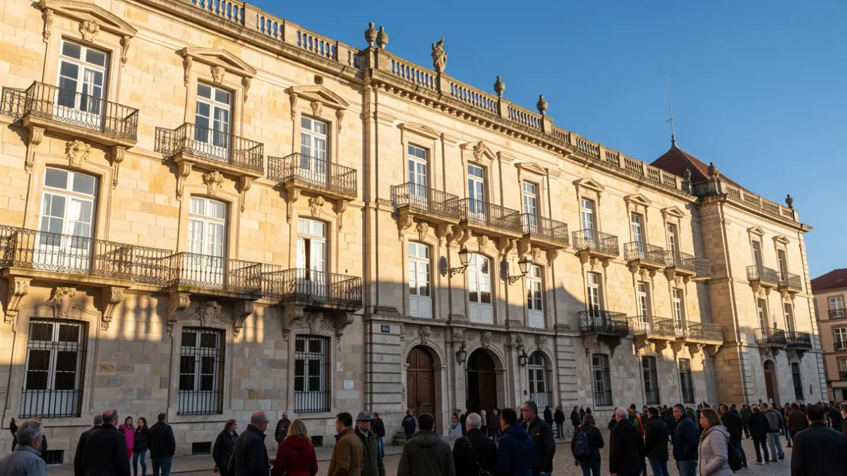 Fachada da Câmara Municipal de Guimarães com varandas ornamentadas e grades de ferro, luz solar quente da tarde a projetar sombras nas paredes de arenito, céu azul, estilo de fotografia documental, arquitetura portuguesa.